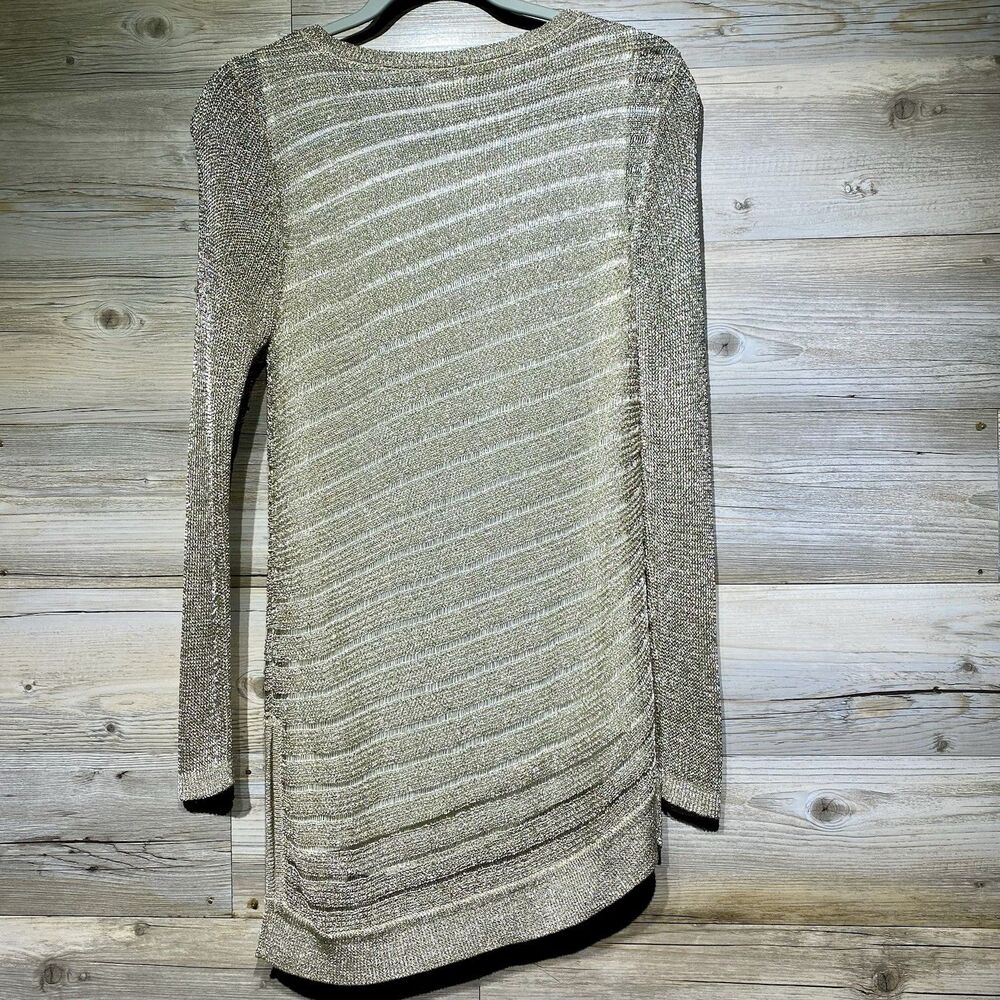 Chicos Gold Metallic Open Knit Tunic Sweater Lined Size 0 = Small Holiday Party - Picture 2 of 9